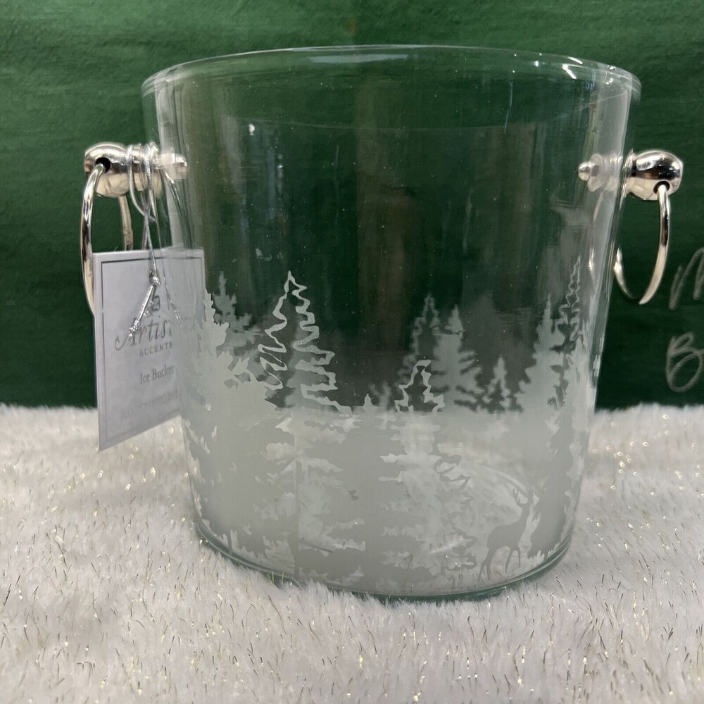 Ice Bucket Glass Etched Evergreen Trees Christmas Trees Silver Handles 6” NEW‎